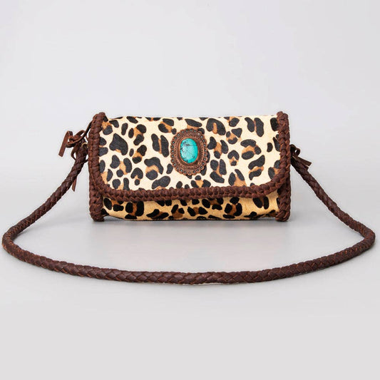 Leopard Print Mini Wallet - Braided Leather & Turquoise Concho