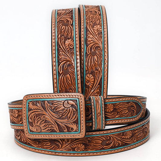 Handtooled Western Leather Belt - Turquoise-Edge Floral Scroll with Matching Buckle