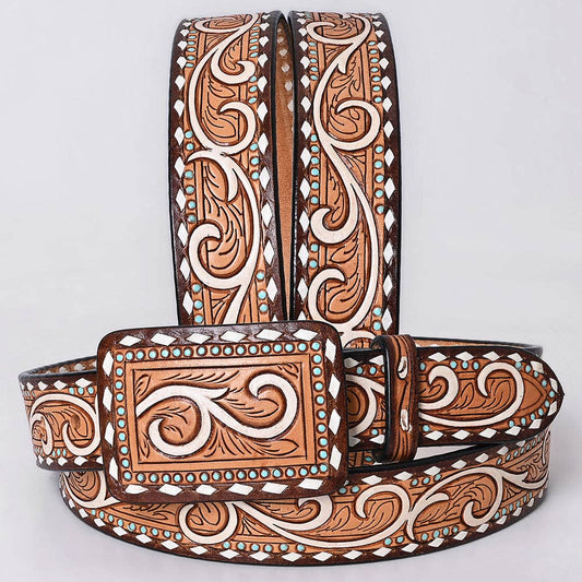 Tooled Western Leather Belt - White Scroll with Turquoise Studs