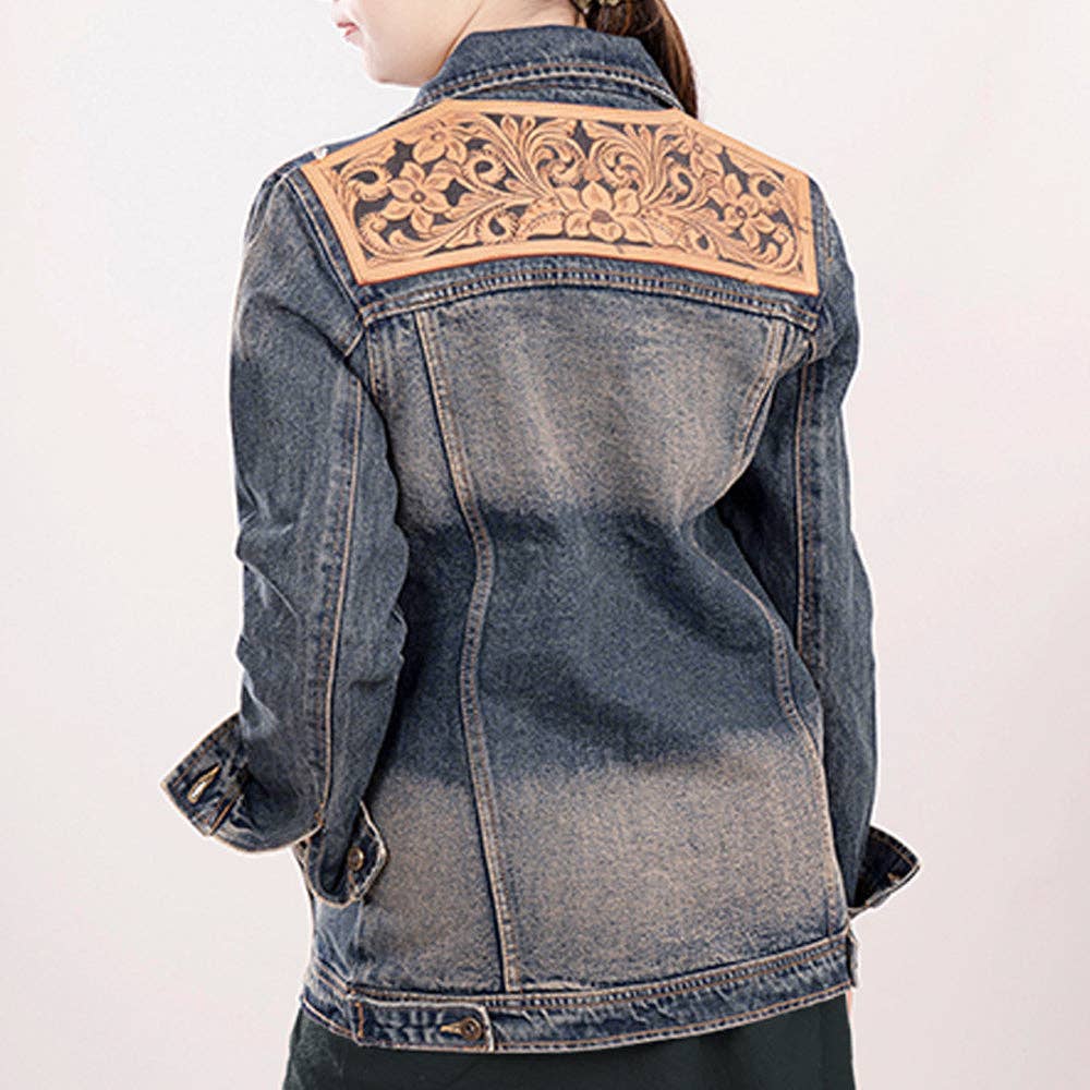 Western Denim Jacket with Hand-Tooled Tan Leather Yoke