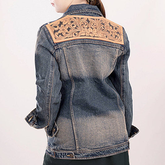 Western Denim Jacket with Hand-Tooled Tan Leather Yoke