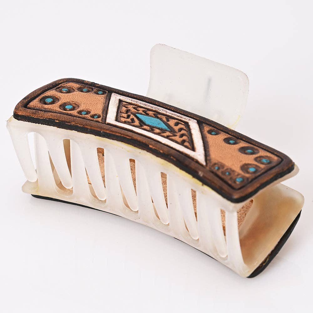 Turquoise & Copper Tooled Leather Hair Clip