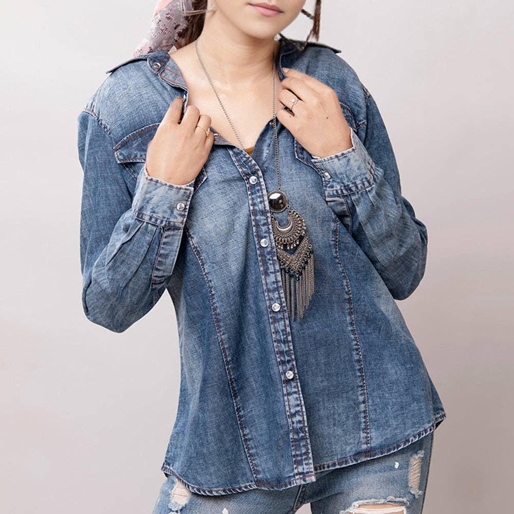 Light Wash Western Denim Shirt with Hand-Tooled Leather Floral Yoke