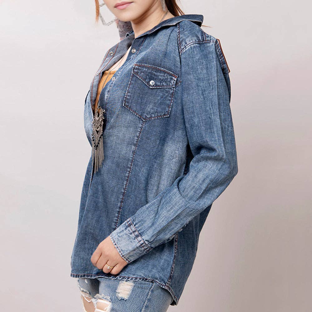 Light Wash Western Denim Shirt with Hand-Tooled Leather Floral Yoke