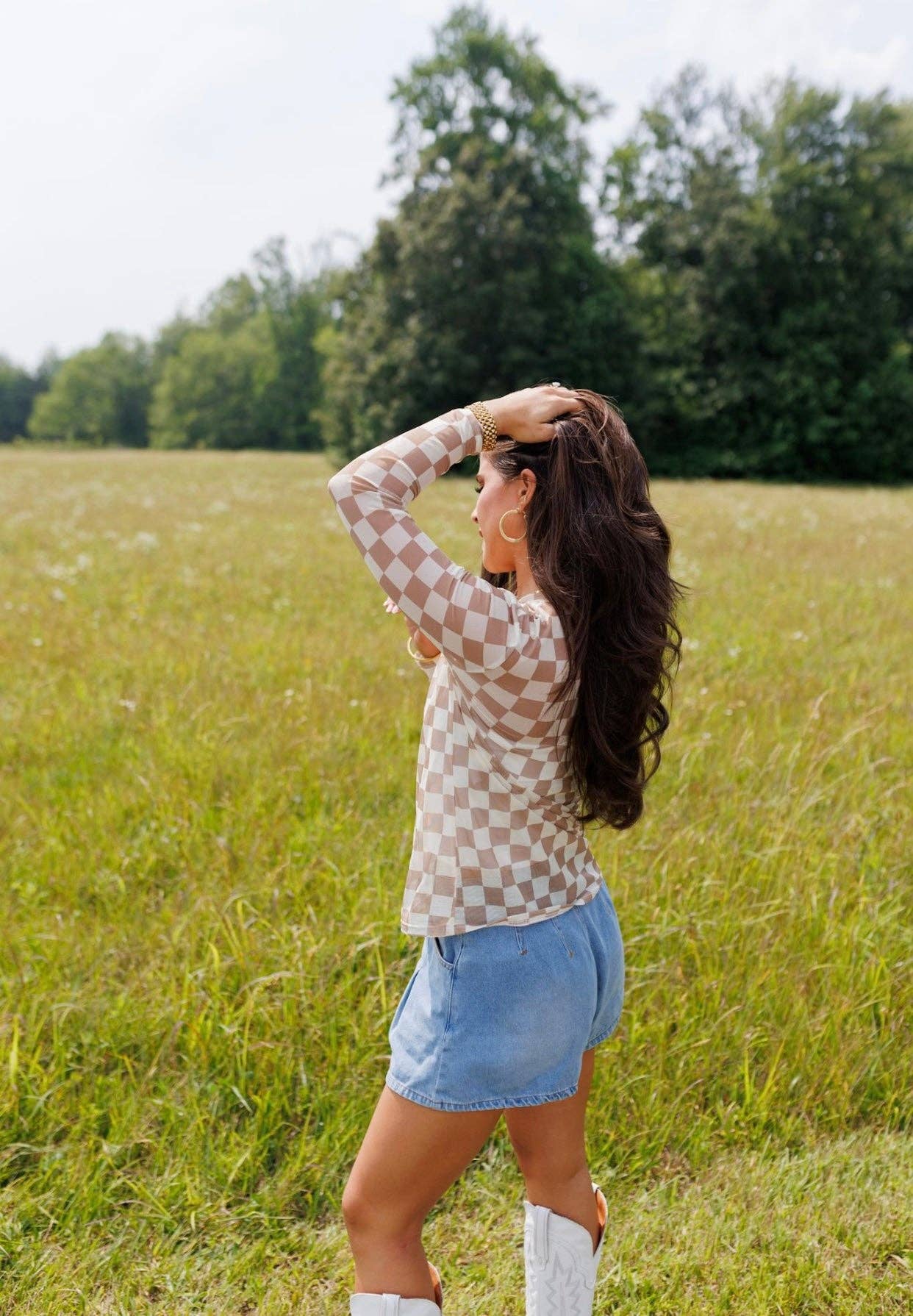 Tan & Cream Checkerboard Mesh Top