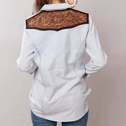 Women's Denim Western Shirt with Tooled Leather Yoke – Handcrafted Floral Back Detail