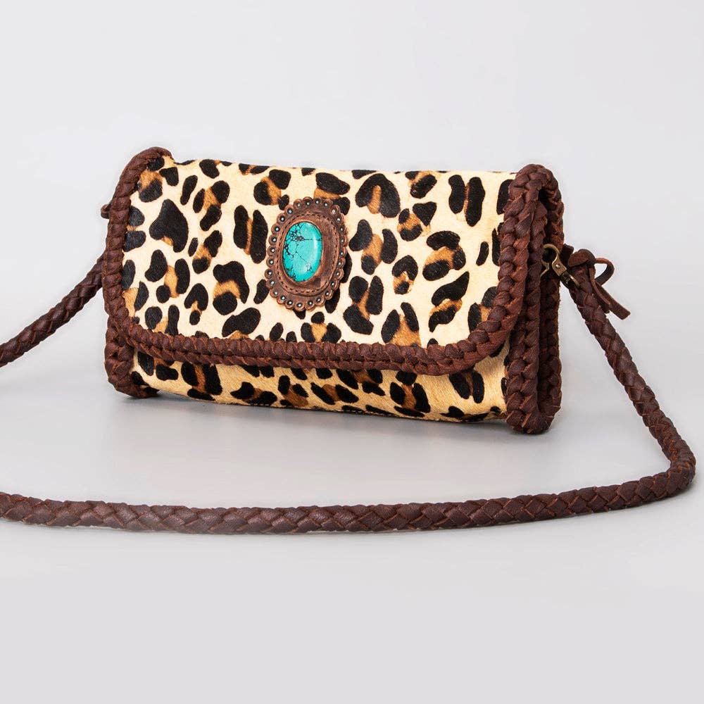 Leopard Print Mini Wallet - Braided Leather & Turquoise Concho