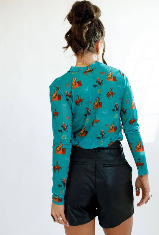 Turquoise Vintage Cowboy Rodeo Mesh Mock Neck Long Sleeve Shirt