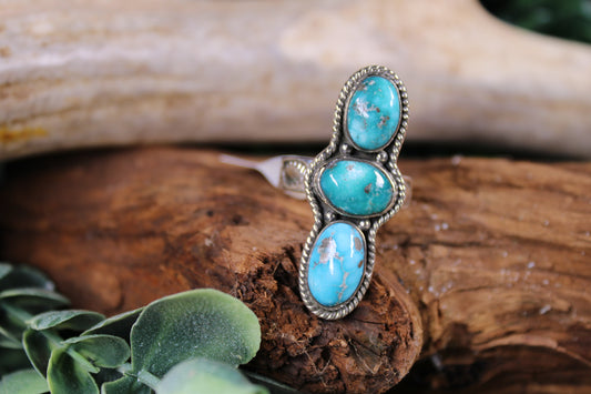 White Water Turquoise Sterling Silver Adjustable Ring - 3 Stone