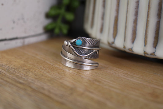 Kingman Turquoise Feather Wrap Ring – Navajo Artist Chris Charley