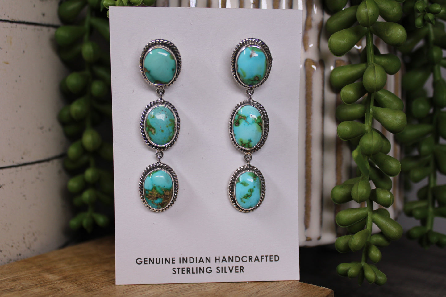 Navajo Sonoran Gold Turquoise Triple Drop Earrings – By Lorenzo Arviso
