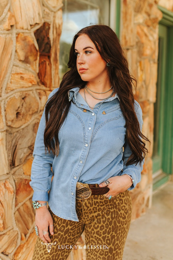 Denim Stretch Button Down Western Pearl Snap Shirt