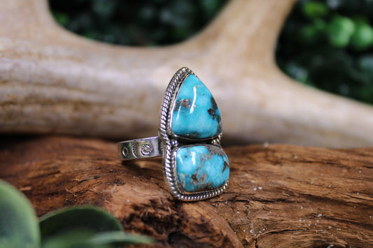 White Water Turquoise Sterling Silver Adjustable Ring - 2 Stone