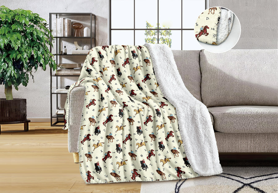 Beige Queen Sherpa Western Rodeo Blanket