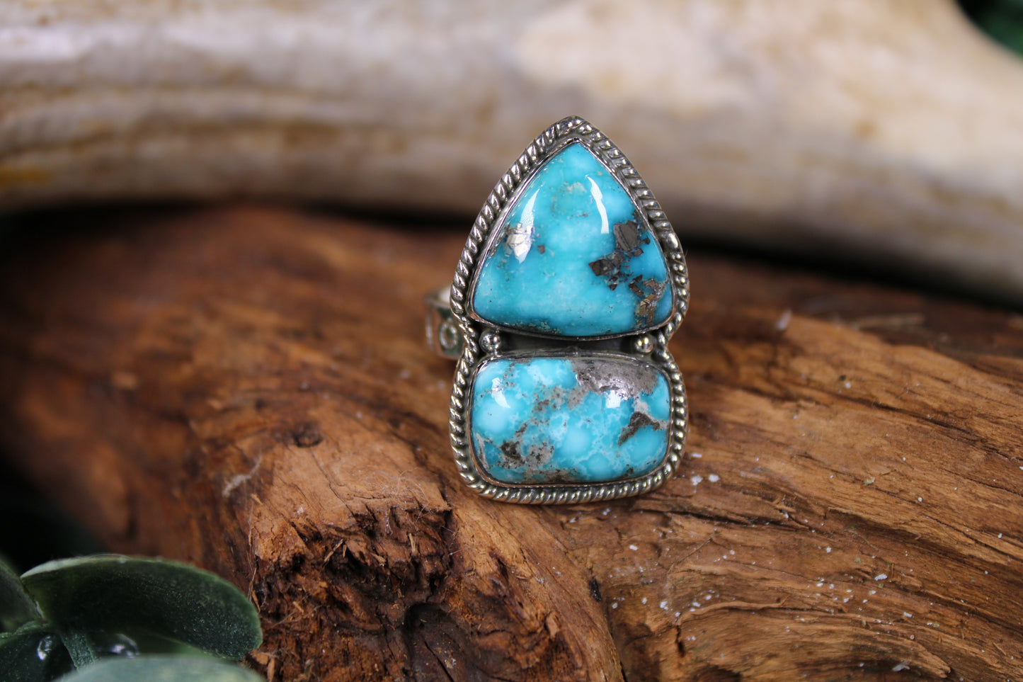 White Water Turquoise Sterling Silver Adjustable Ring - 2 Stone