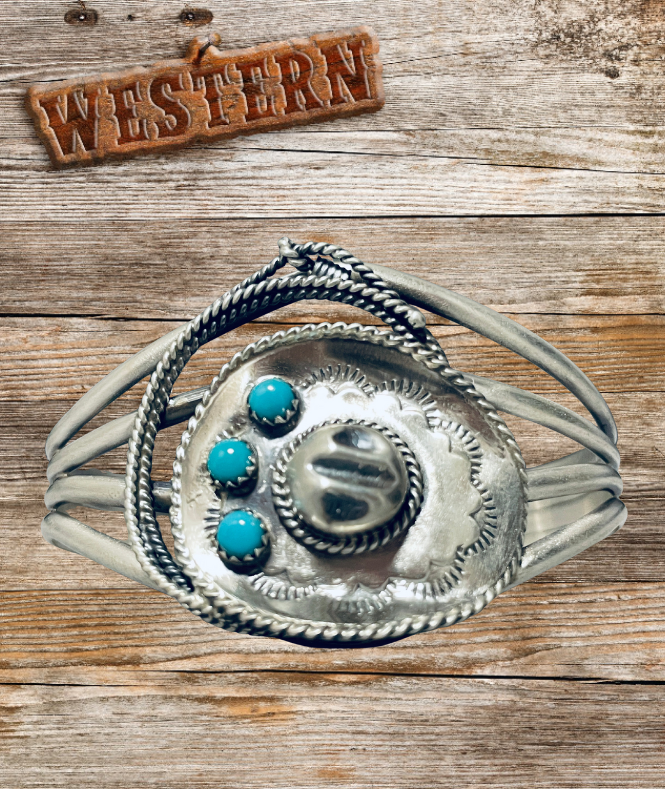 Navajo Bobby Platero Western Turquoise Cowboy Hat Lasso Cuff Bracelet - Sterling Silver