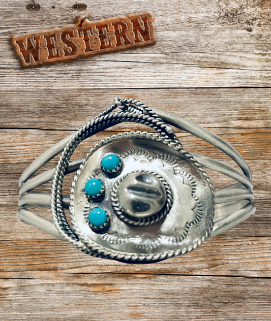 Navajo Bobby Platero Western Turquoise Cowboy Hat Lasso Cuff Bracelet - Sterling Silver