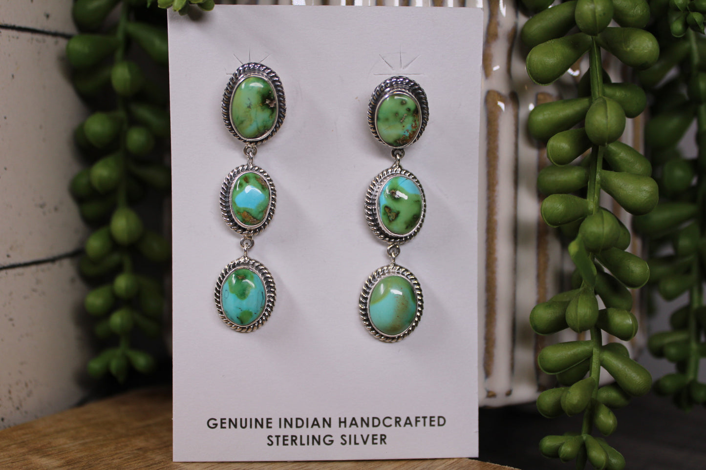 Navajo Sonoran Gold Turquoise Triple Drop Earrings – By Lorenzo Arviso