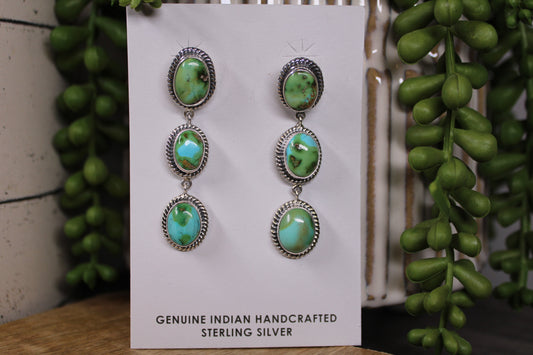 Navajo Sonoran Gold Turquoise Triple Drop Earrings – By Lorenzo Arviso