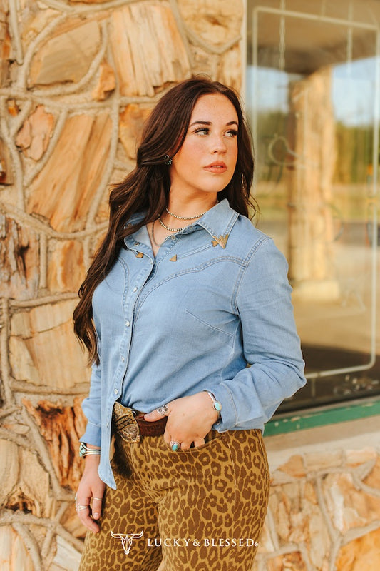 Denim Stretch Button Down Western Pearl Snap Shirt