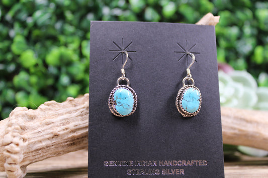 Raymond Yazzie Navajo Handmade Sterling Silver Kingman Turquoise Hook Earrings