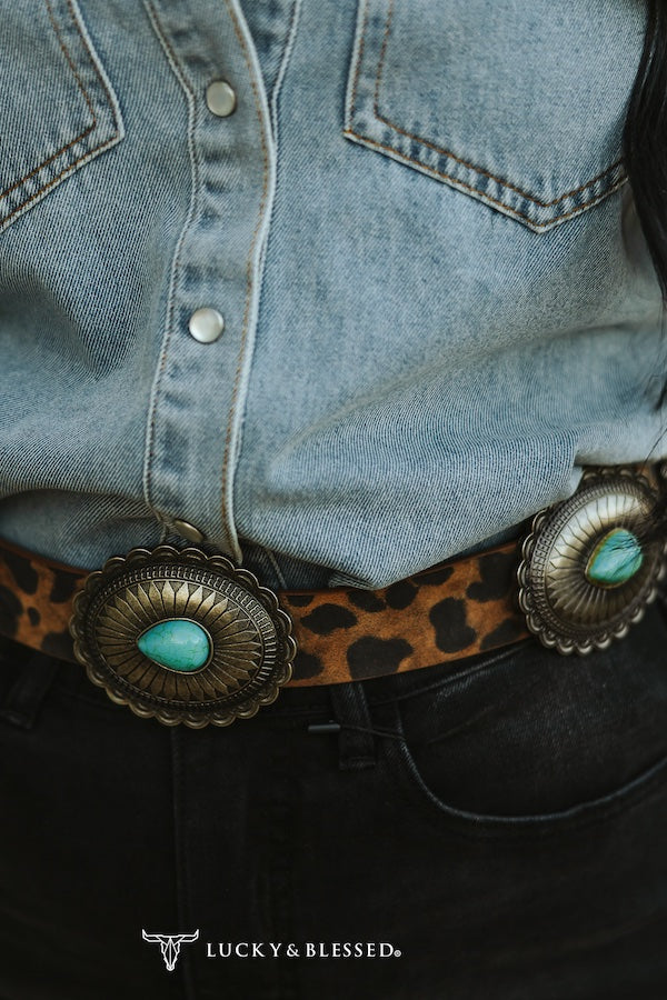 Brown Leopard Oval Turquoise Concho Butterfly Buckle Belt