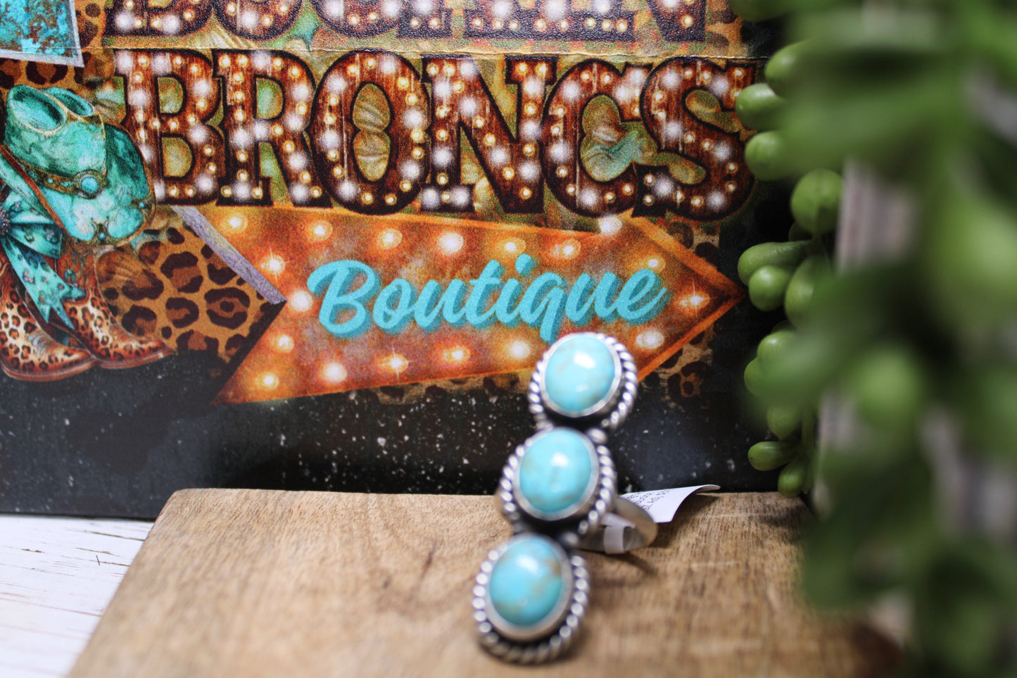 Navajo Kingman Turquoise Three-Stone Adjustable Ring – Handmade by Ray Nez