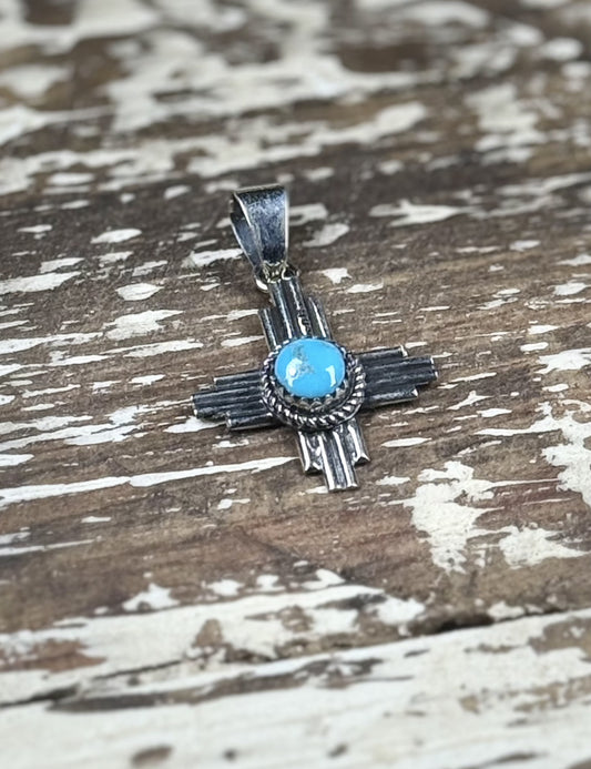 Raymond Yazzie Navajo Sterling Silver Kingman Turquoise Zia Pendant