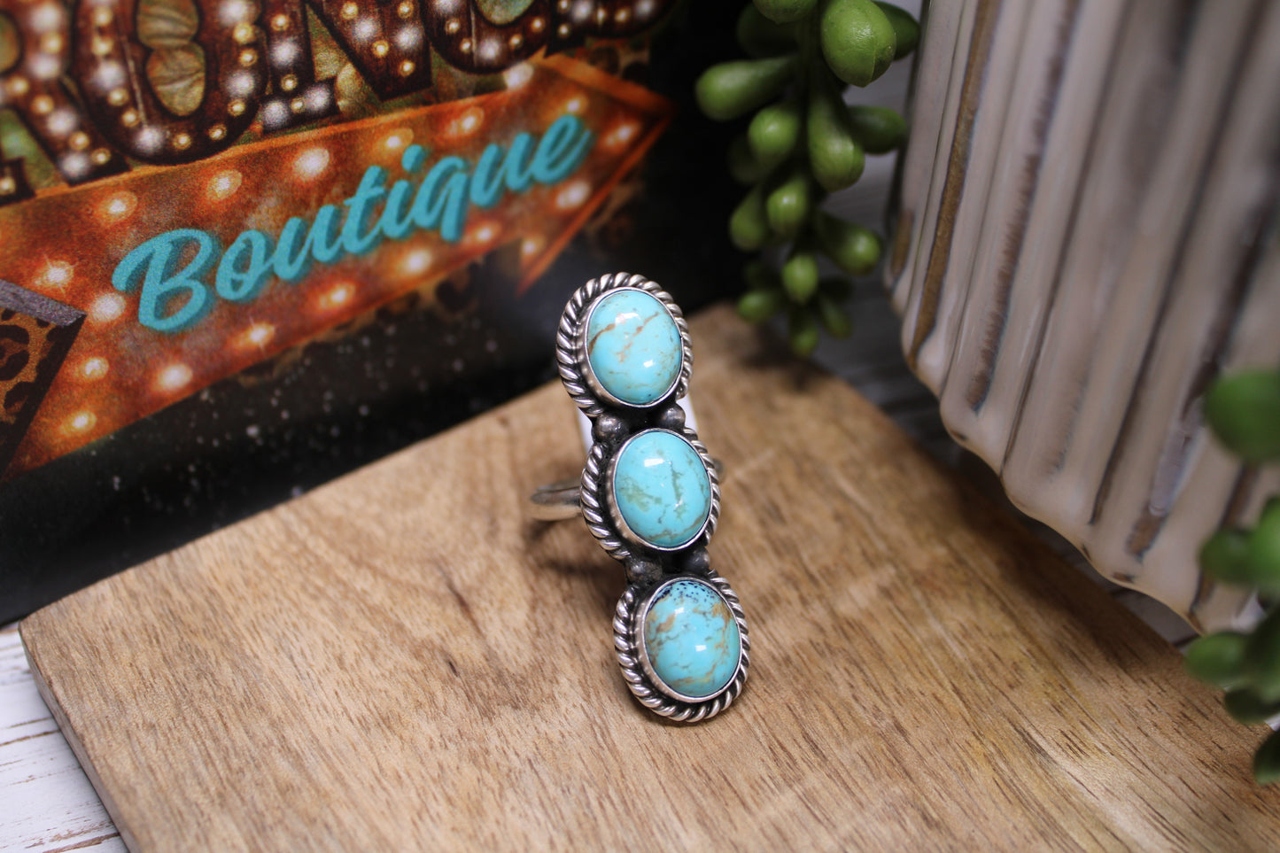 Navajo Kingman Turquoise Three-Stone Adjustable Ring – Handmade by Ray Nez