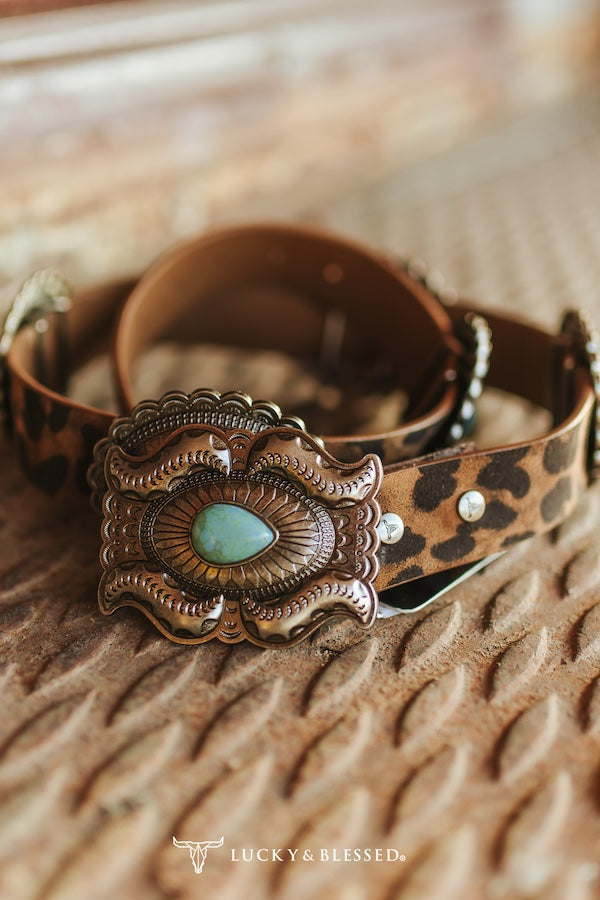 Brown Leopard Oval Turquoise Concho Butterfly Buckle Belt