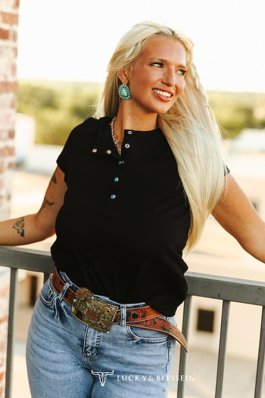 Short Sleeve Henley Turquoise Snap Button Top