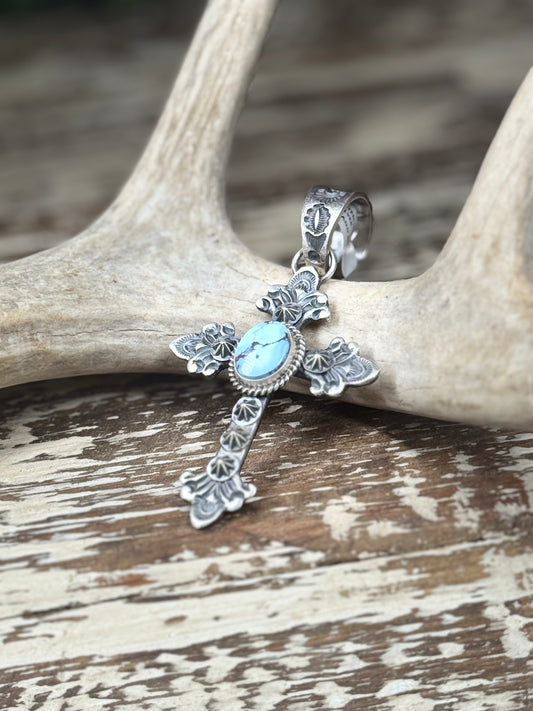 Kevin Billah Navajo Sterling Silver Cross Pendant with Golden Hills Turquoise