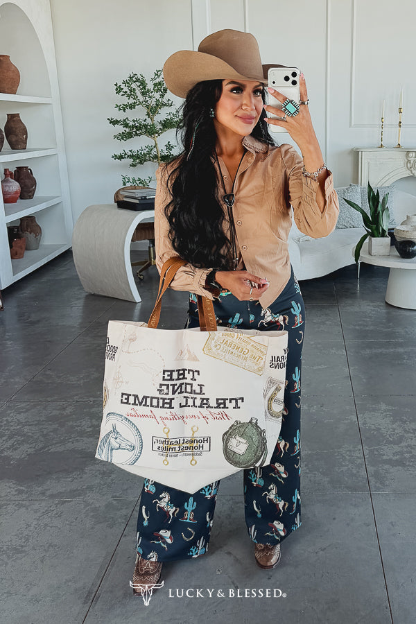 Vintage Western Travel Stamp Canvas Large Tote Bag