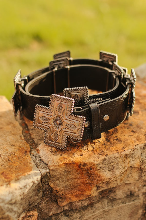 Tooled Leather Vintage Cross Aztec Concho Belt – Black