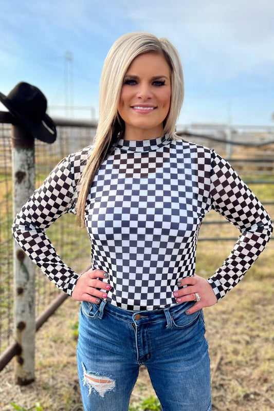 Checkered Round the Track Mesh Top – Black & White