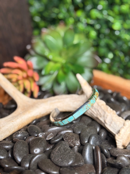 Brandon Etcitty Navajo Sterling Silver Number 8 Turquoise Inlay Cuff Bracelet