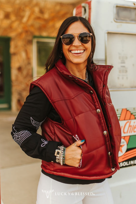 Burgundy Quilted Leather Boot-Stitch Crop Vest