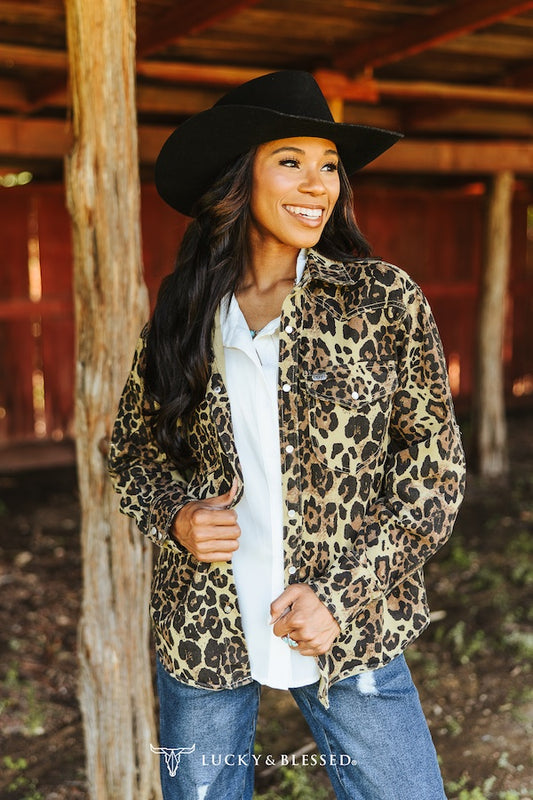 Leopard Denim Pearl Snap Long Sleeve Shirt