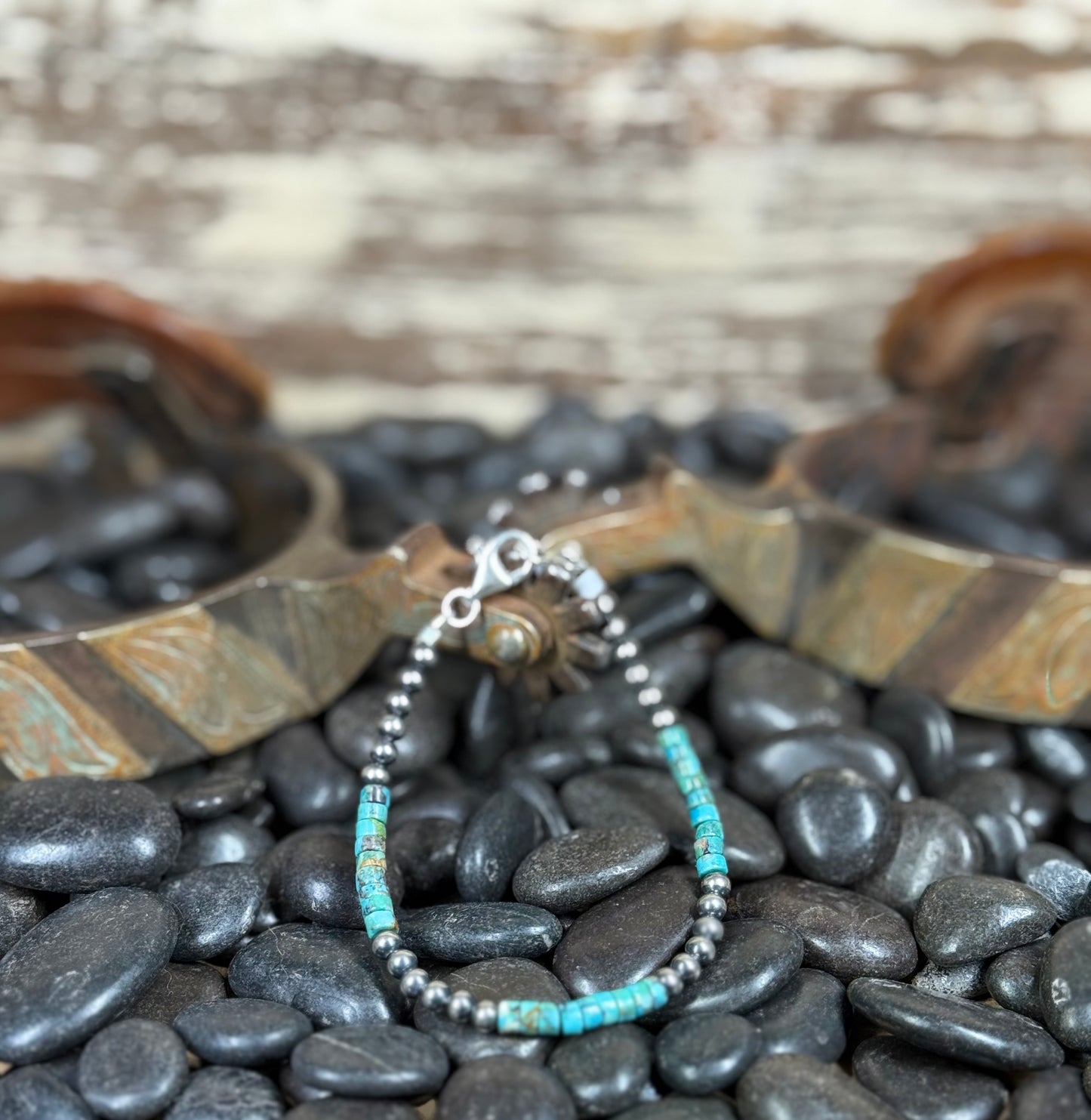 Corraine Smith Navajo Hand-Strung Kingman Turquoise & 4mm Navajo Pearl Sterling Silver Bracelet