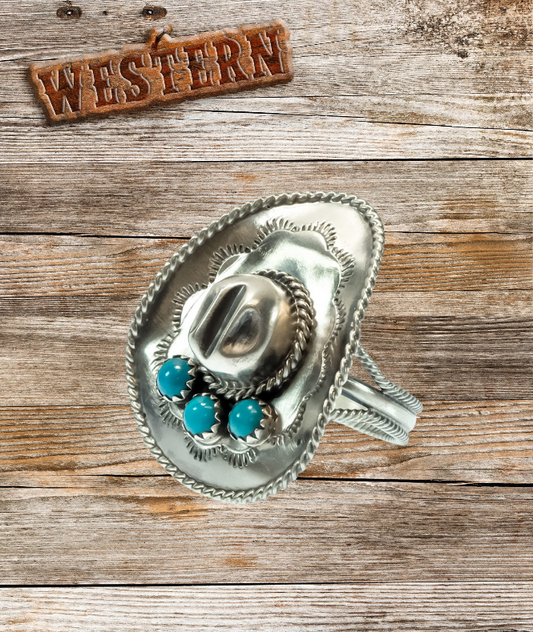 Navajo Bobby Platero Western Turquoise Cowboy Hat Ring - Sterling Silver