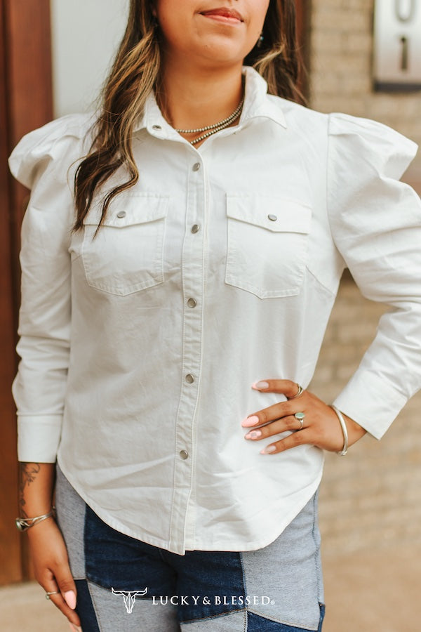 Ivory Stretch Denim Puff Sleeve Pearl Snap Shirt