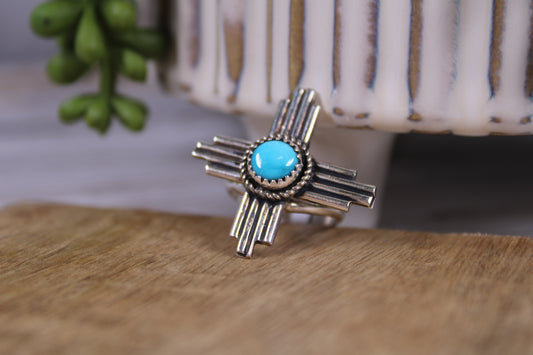 Navajo Handmade Kingman Turquoise Zia Ring – David Morris
