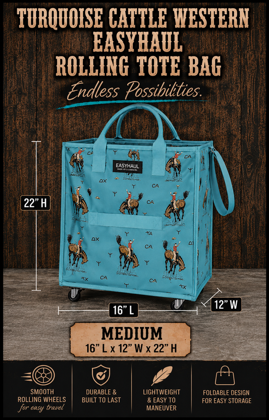 Turquoise Cattle Western EasyHaul Rolling Foldable Tote Bag – Medium