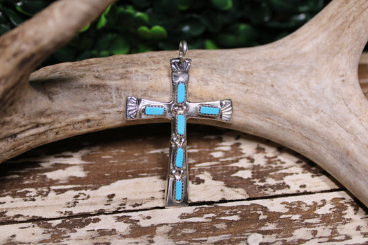 Cecilia Iule Zuni Kingman Turquoise Cross Pendant – Sterling Silver