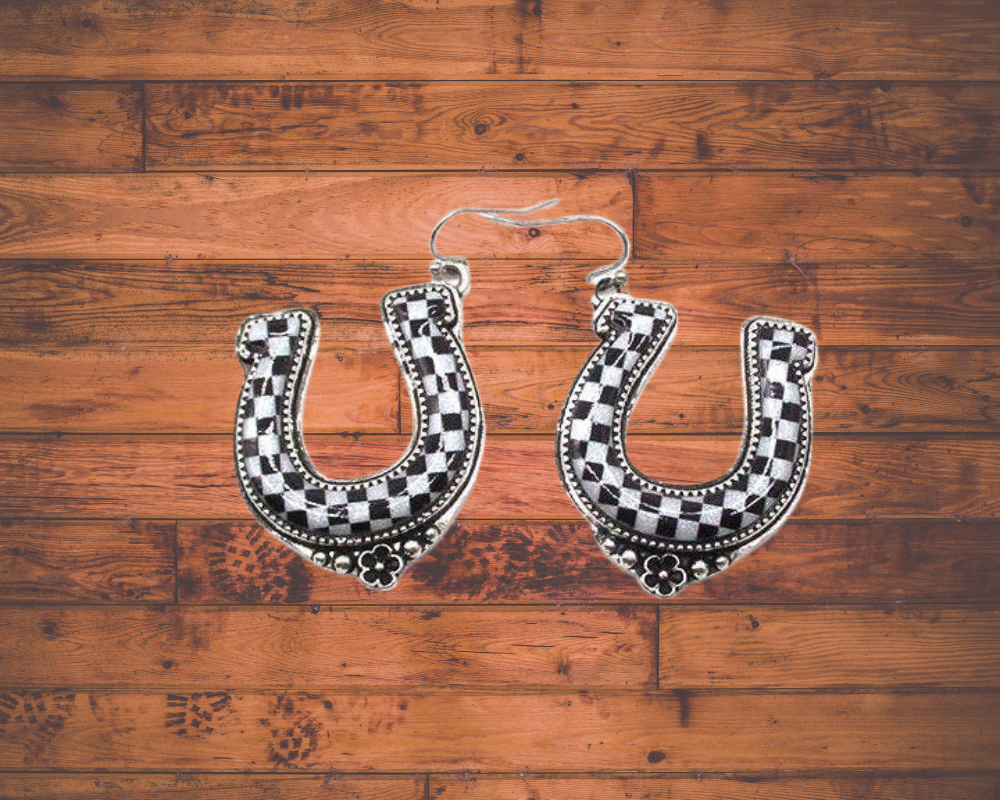 Western Checkered Horshoe Earrings