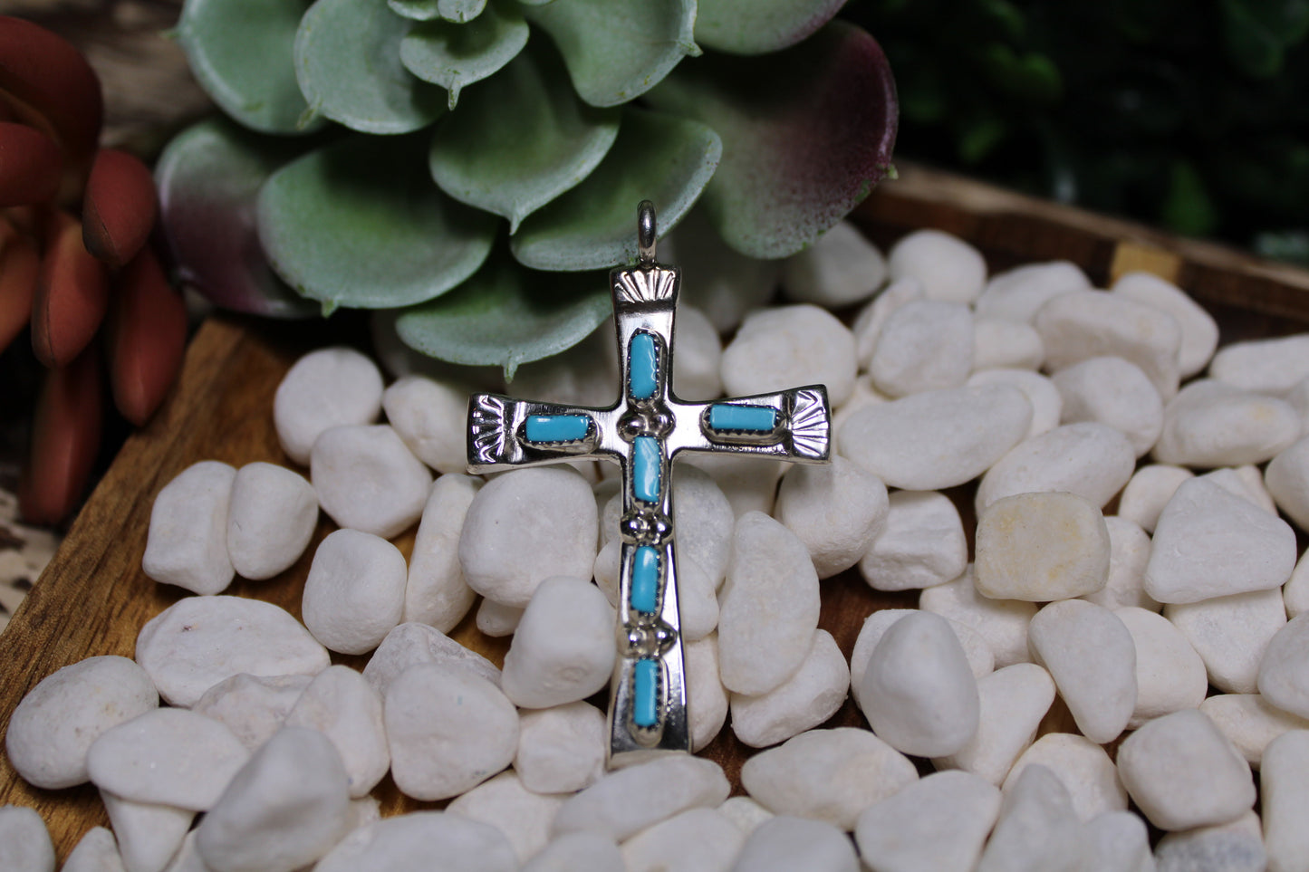 Cecilia Iule Zuni Kingman Turquoise Cross Pendant – Sterling Silver