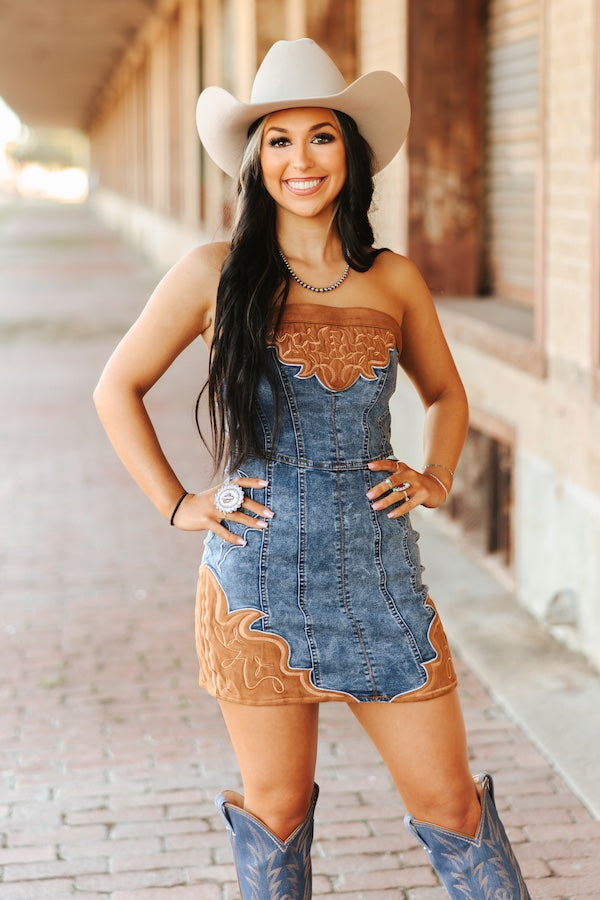 Stone Wash Stretch Denim Dress w/ Camel Suede Boot Stitch Embroidery Patch Detail