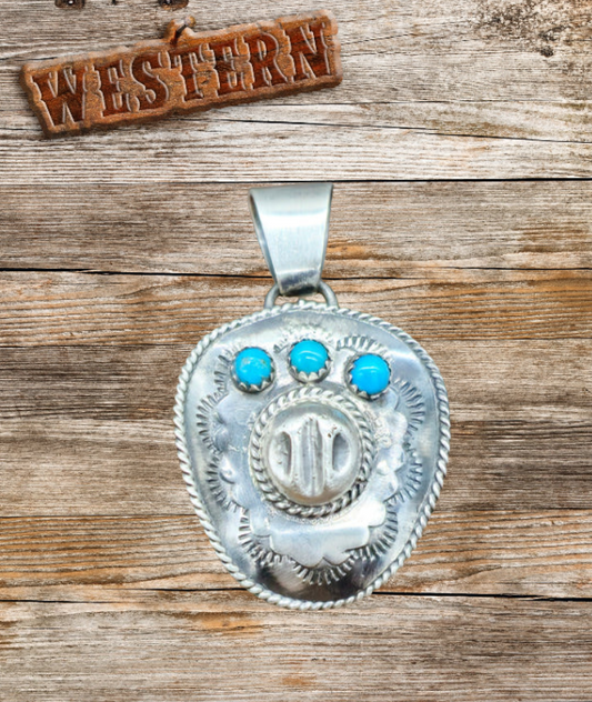 Navajo Bobby Platero Western Turquoise Cowboy Hat Pendant - Sterling Silver