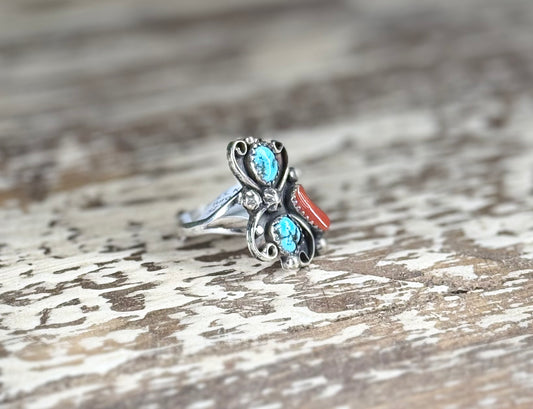 David Morris Navajo Sterling Silver Kingman Turquoise & Coral Ring – Size 9.5
