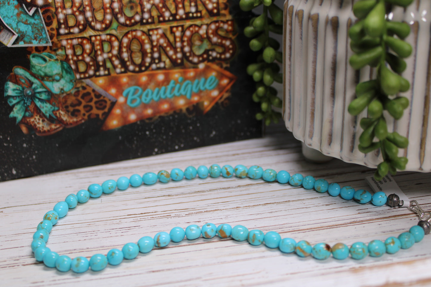 Navajo Handmade Nevada Turquoise Bead Necklace by Artist Naomi Garcia - 18-Inch